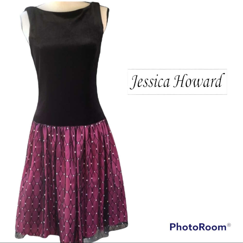 Jessica Howard | Black Velvet Pink Cocktail Dress